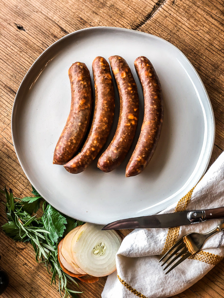 Farmer Wayne's Cooked Cheddar Bratwurst (12oz) – Peterson Craft Meats